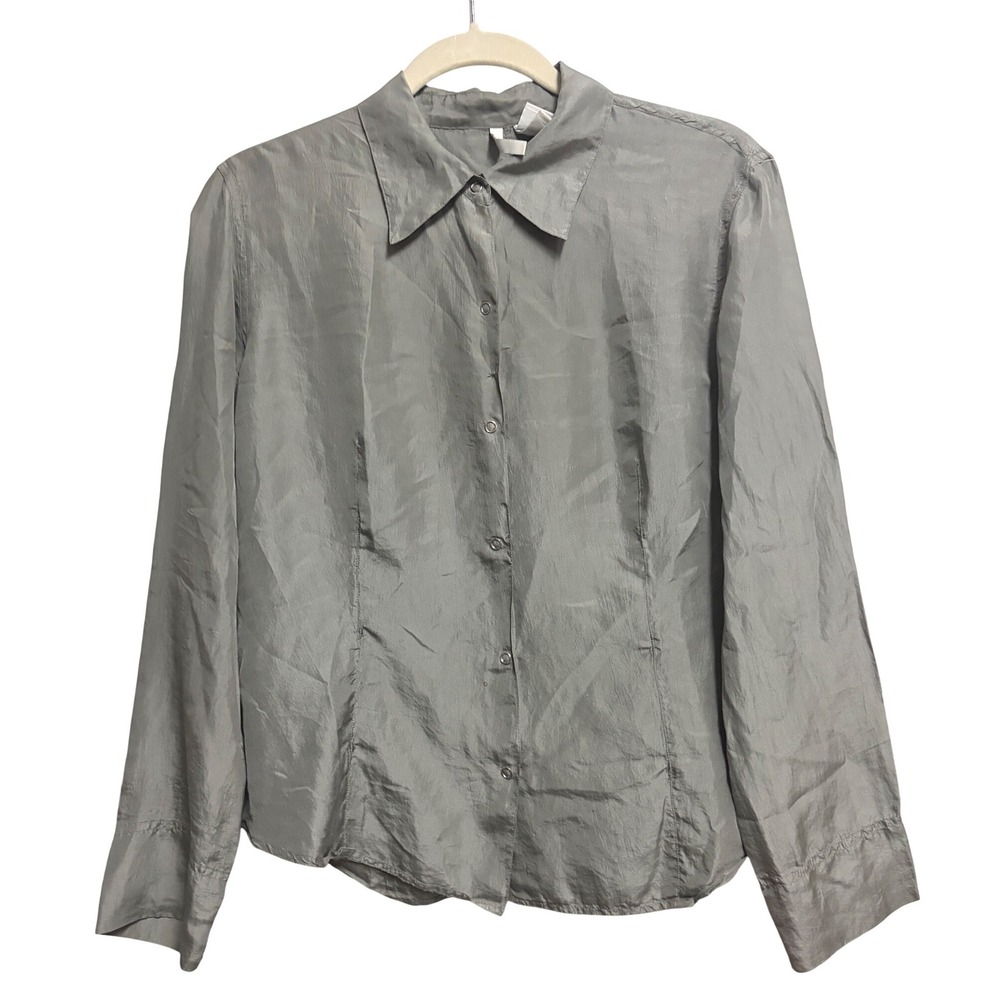 Via Seta 100% Silk Crinkled Button Down Grey Shirt Long Sleeve Collared 10/40